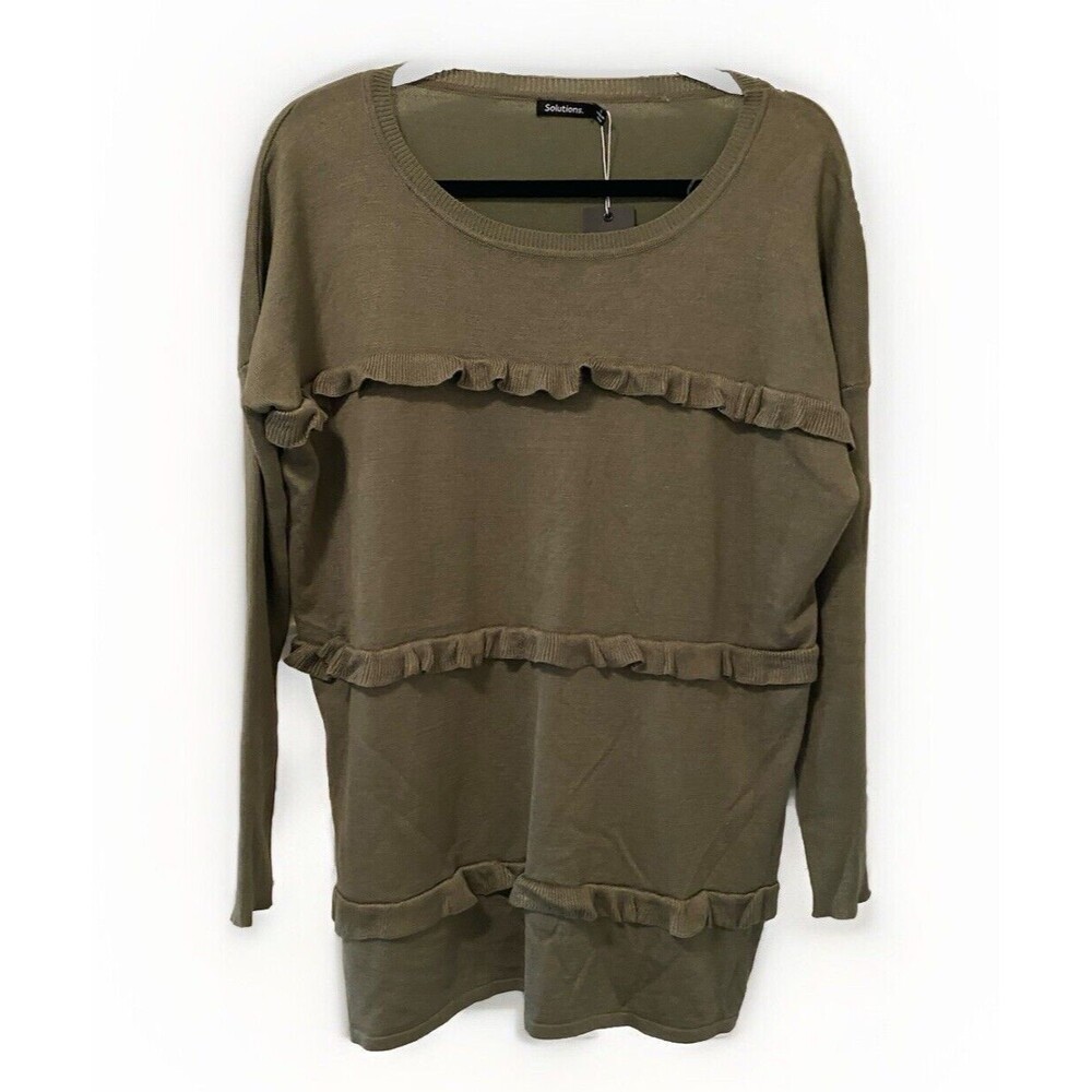Solutions Olive Green Ruffle‎ Front Trim Ov Sweater Size Small Oversized NWT